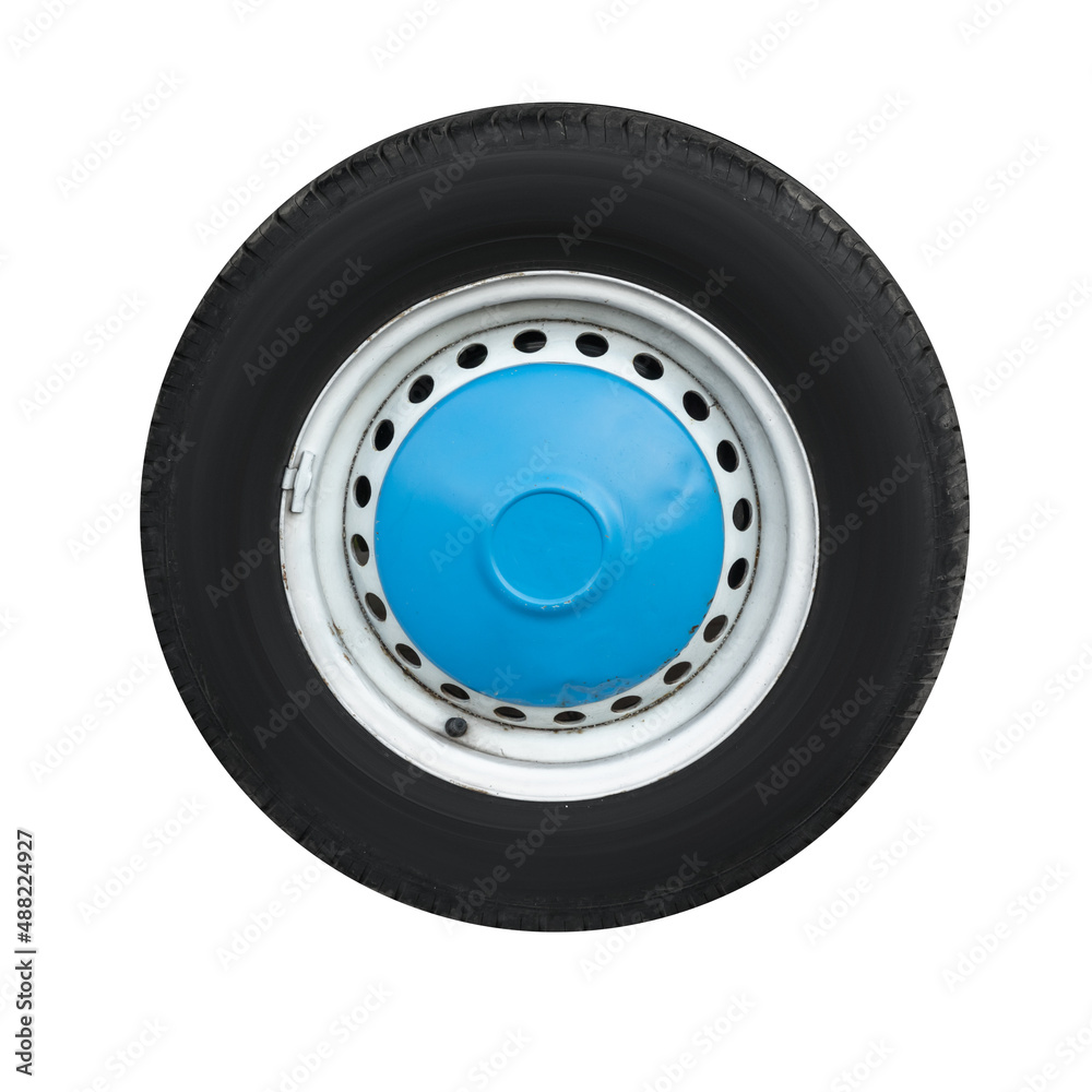 Closeup photo of blue white car wheel isolated on white Closeup photo of blue white car wheel isolated on white