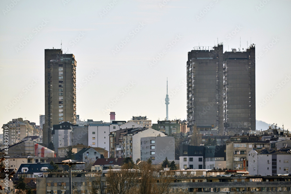 Urban view with concrete brutalist buildings in Vozdovac district, Belgrade, Serbia.