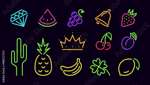 Glowing neon casino game symbols. Bright yellow crown with bell and golden pineapple with lemon. Green cactus and lucky quatrefoil. Blue diamond of luck with vector grape bunch.
