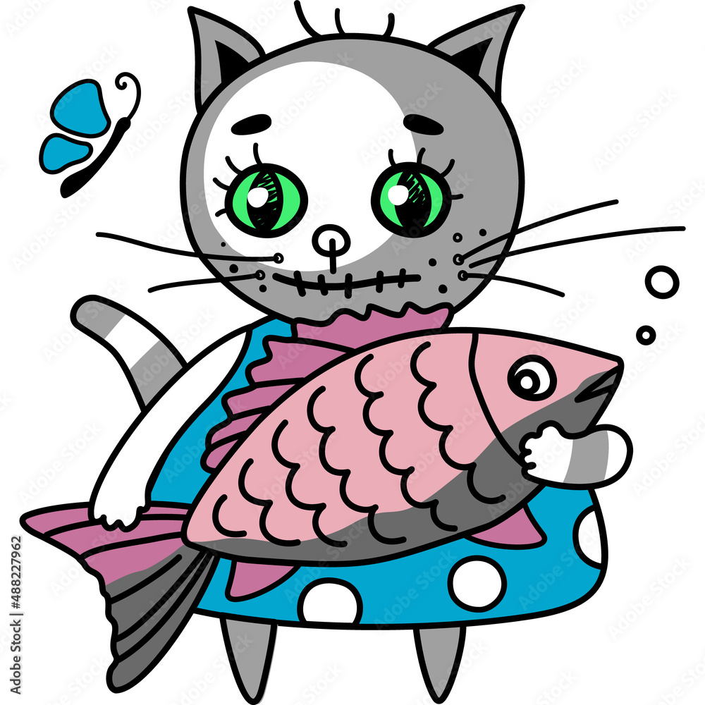 Cat with a fish and a butterfly.  Drawn, cartoon character in blue, pink colors. File in jpg, eps format.