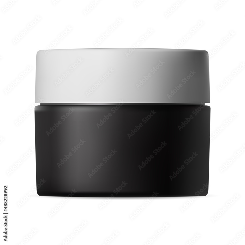 Black plastic cream jar white lid. Beauty cosmetic mockup. Face skin blush powder can, makeup cosmetic template. Wax or hand scrub pack, lotion or butter package on white background