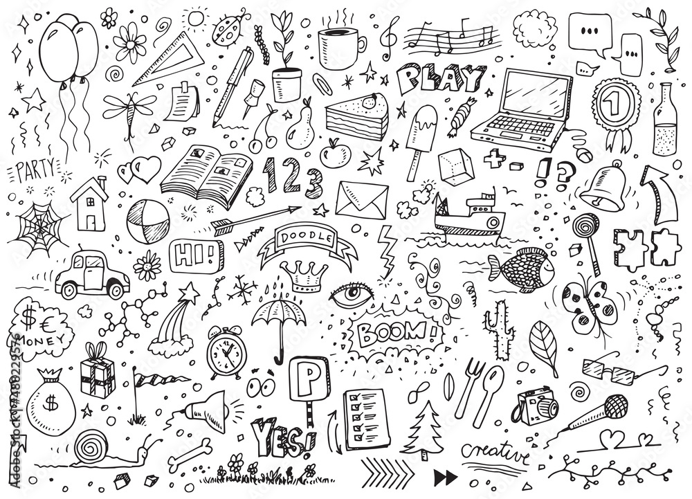 Various vector hand drawn doodles on white paper