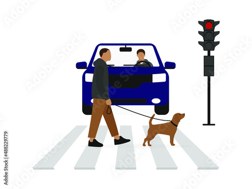 A male character with a dog on a leash walks along a pedestrian crossing in front of a car standing at a red traffic light