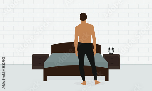 Male character in underpants stands near the bed in the room