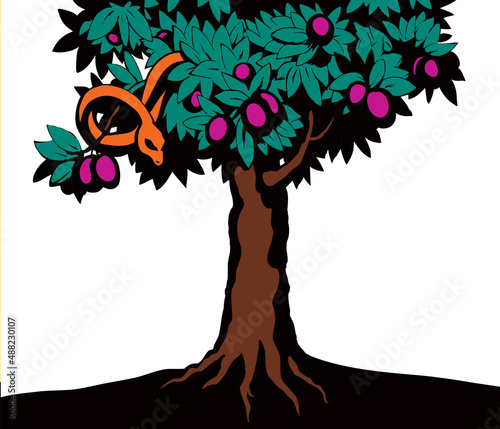 Serpent on the tree. Knowledge of good and evil. Vector drawing