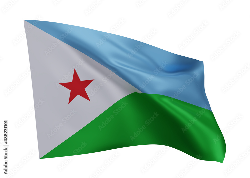 3d flag of Djibouti isolated against white background. 3d rendering. 3d flag of Djibouti isolated against white background. 3d rendering.