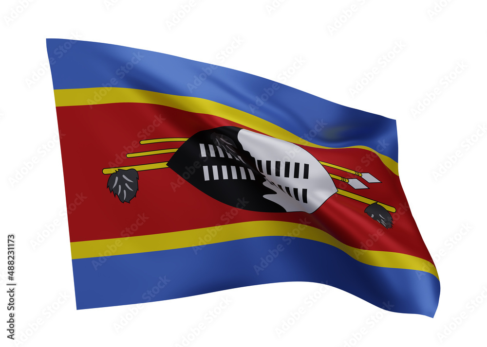 3d flag of Kingdom of Eswatini isolated against white background. 3d rendering. 3d flag of Kingdom of Eswatini isolated against white background. 3d rendering.