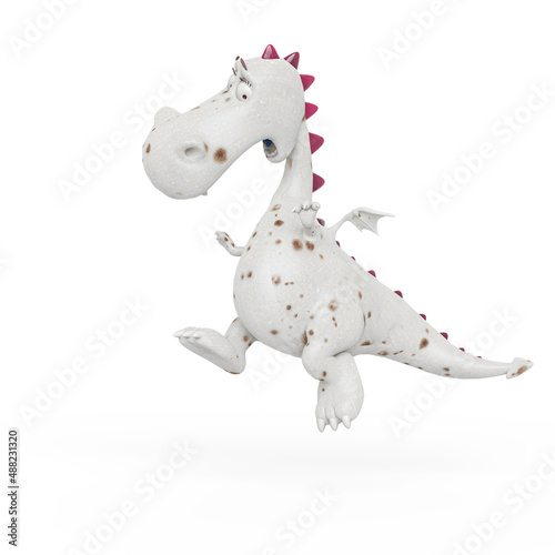 baby dragon is jumping and looking down because he is afraid on white background with copy space