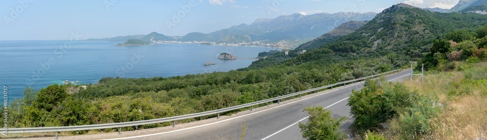 Panoramic view of Montenegro coastline with Sveti Stefan towards Budva.