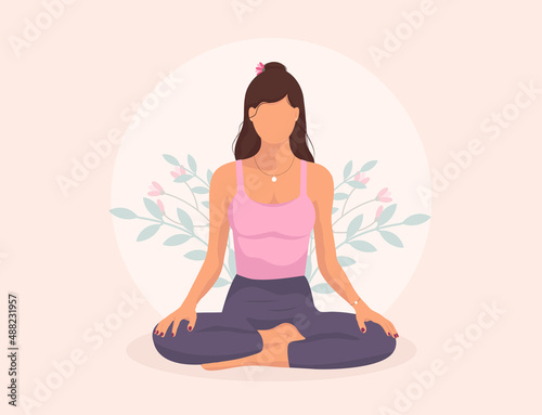 Woman meditating in lotus pose. Faceless girl practices yoga.  Concept illustration for yoga, meditation, relax, healthy lifestyle. 
