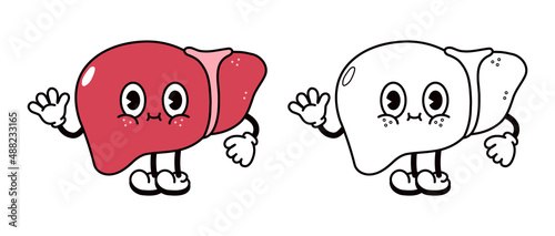 Cute funny liver waving hand character outline cartoon illustration for coloring book. Vector hand drawn traditional cartoon vintage, retro, kawaii character icon. Isolated on white background