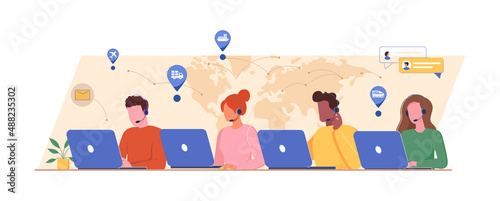 Global logistics concept vector illustration. Goods transportation and distribution. Logistics operations support, administration of delivery service. Supply chain analytics, supply chain management.