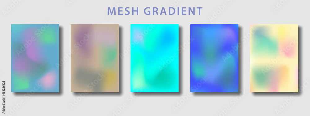 Abstract 5 fluid shapes mesh gradient colors backgrounds set. Modern vector template for brochure, flyer, cover, catalog, poster etc in A4 size. Colored fluid graphic composition.