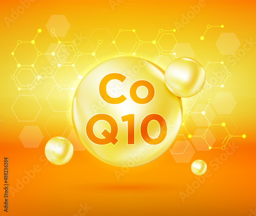 Coenzyme Q10 vitamin on yellow background - vector illustration photo