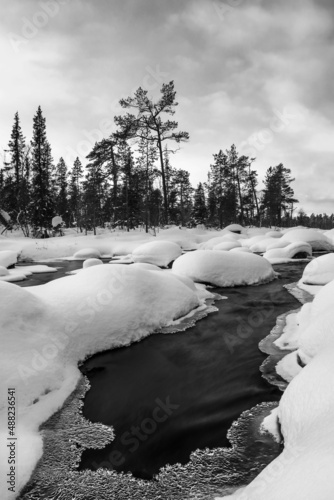 Snowy landscape of North Europe. Early spring thaw melted ice and opened forest rivers.