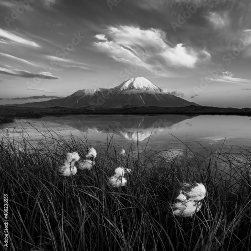 The cone of Tolbachic volcano is mirrored in a calm water of a tiny lake. Kamchatka peninsula. photo