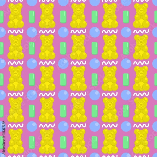 Vector seamless pattern with jelly bears, bubbles and chewing gums.
