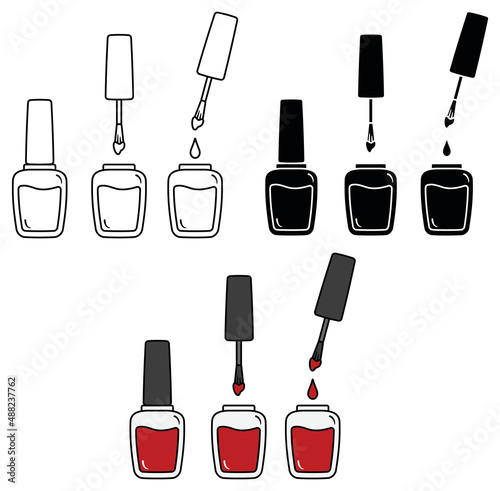 Nail Polish with Clear Bottle Clipart Set - Outline, Silhouette and Red