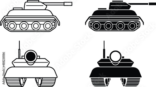 Simple Army Tank Front and Side Clipart Set - Outline & Silhouette