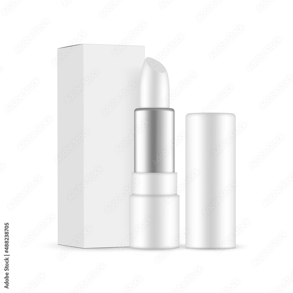 Lipstick Mockup with Paper Box, Isolated on White Background. Make-Up Cosmetic Packaging. Vector Illustration Lipstick Mockup with Paper Box, Isolated on White Background. Make-Up Cosmetic Packaging. Vector Illustration