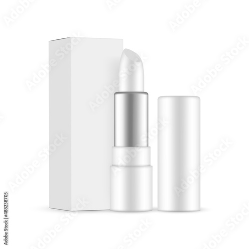 Lipstick Mockup with Paper Box, Isolated on White Background. Make-Up Cosmetic Packaging. Vector Illustration
