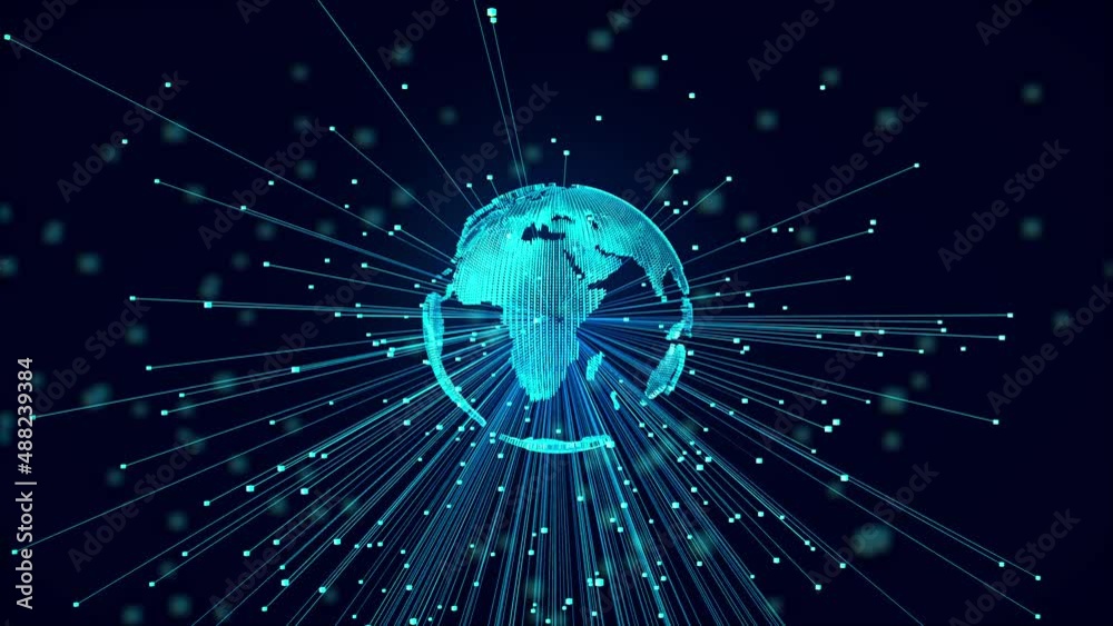 GLOBO DIGITAL GIRATORIO CON LÍNEAS Y PUNTOS DE CONEXIÓN,GLOBALES, RED DE DATOS INTERNET SATELITAL Y VISUALIZACIÓN TECNOLÓGICA DEL MUNDO