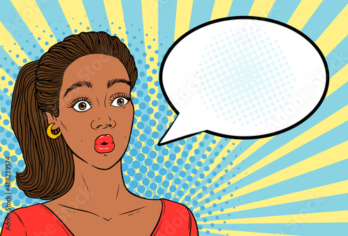 Pretty young African American woman shocked face with starry eyes and empty text cloud for your message, hand drawn vector illustration in retro pop art comics book style