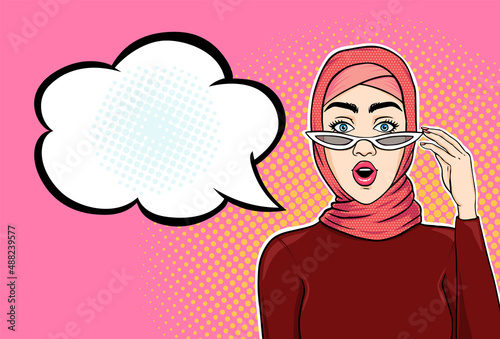 Trendy muslim woman in hijab and sunglasses shocked face with open mouth and text cloud for your message, vector illustration in retro pop art comics style.