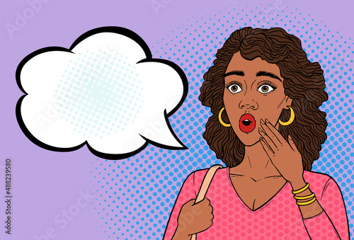 Shocked African American woman face with open mouth, vector illustration in retro pop art comics style. Surprised black woman shopping with speech bubble for your message