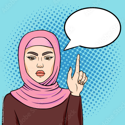 Angry muslim woman in hijab pointing on thinking cloud. Annoyed muslim lady face in pop art retro comics style, vector illustration