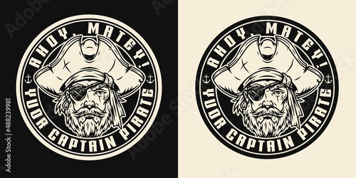 Round monochrome marine emblem with pirate face wearing hat and eye patch isolated vintage vector
