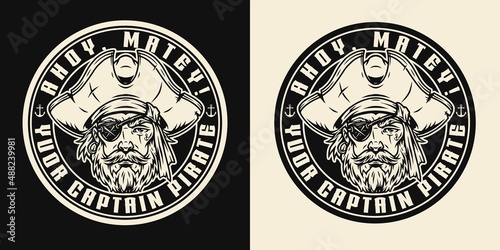 Round monochrome marine emblem with pirate face wearing hat and eye patch  isolated vintage vector