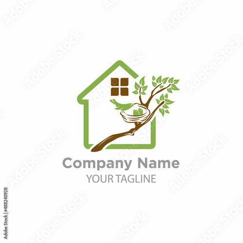 Illustration sign of the house built on the bird nest signifies a quiet and comfortable home inhabited logo design.