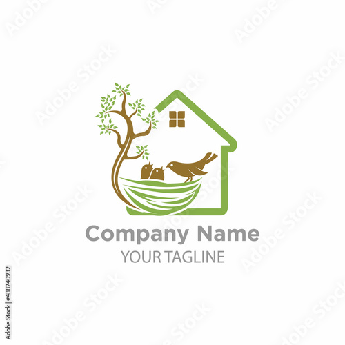 Illustration sign of the house built on the bird nest signifies a quiet and comfortable home inhabited logo design.