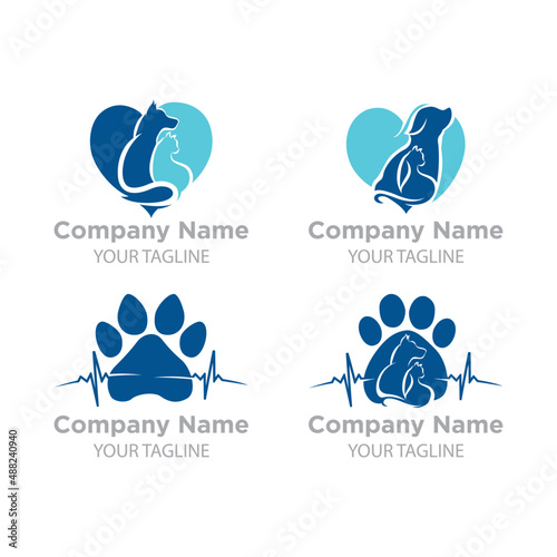 Set logo veterinary clinic with paw prints and sample text, isolated vector logo template