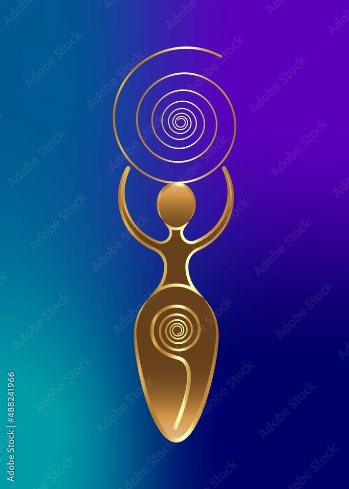 spiral goddess of fertility, Wiccan Pagan Symbols, The spiral cycle of  life, death and rebirth. Wicca woman mother earth symbol of sexual  procreation, gold vector isolated on blue gradient background Векторный  объект