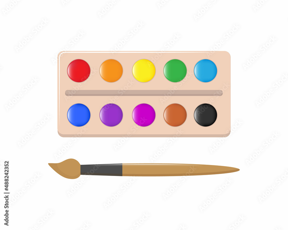 Watercolor paints set in box and a brush. Art supplies brushes, watercolor,Drawing creative materials for workshops designs,vector