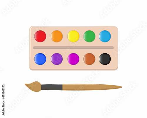 Obraz na płótnie Watercolor paints set in box and a brush. Art supplies brushes, watercolor,Drawing creative materials for workshops designs,vector w salonie