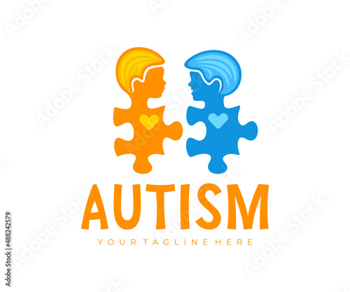 Autism therapy, children communication and puzzles, logo design. Health care, medicine, psychology and disease, vector design and illustration
