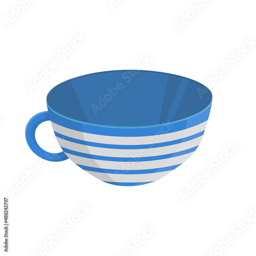 Flat blue striped cup of tea isolated on white background. Vector illustration. Icon for design