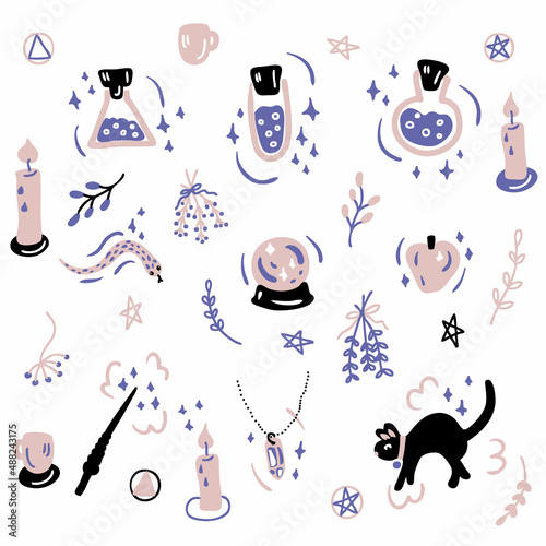 Mystical witchcraft isolated clipart doodle set, magic line witchy esoteric objects. Perfect for T-shirt, poster, stickers and print. Hand drawn vector illustration for decor and design.