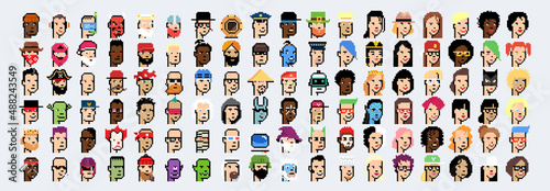 Pixel avatars. Set of 8-bit character. Isolated male and female heads