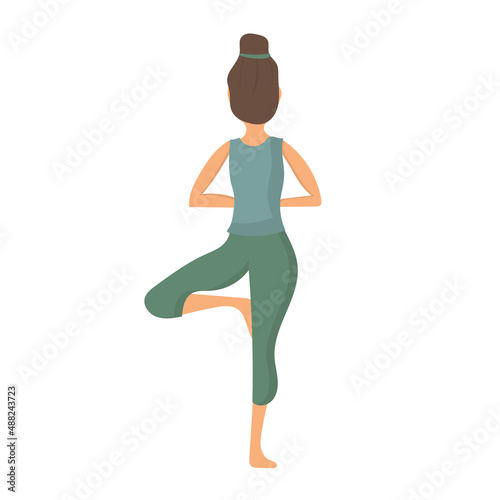 Cartoon woman standing in vrksasana posture vector flat illustration. Active female in tree pose on white. Girl exercising enjoying healthy lifestyle