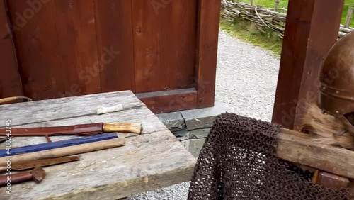 Viking weapons, helmet and shields