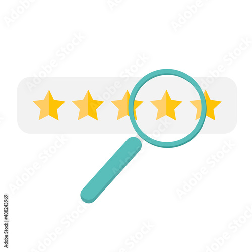 Vector image - magnifying glass and rating stars icon, search by rating. Flat style on white background. Reviews concept. Service quality assessment