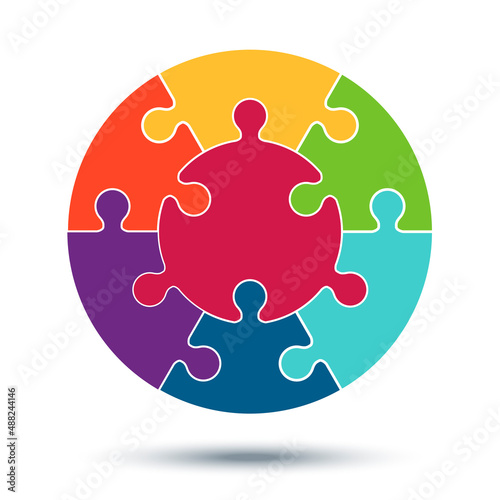Round puzzle pieces. Blank vector template. Seven colored connected elements. Free fields for your context. Concept of business solutions and teamwork.