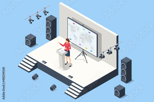 Isometric stand for press conference with microphones, equipped place for the speaker in front of journalists. Audience listens to the lecturer at the conference hall