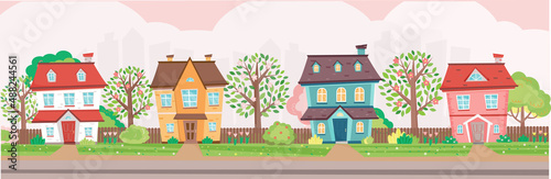 Spring season in the town. Colorful cottages surrounded by trees and bushes in blossom. Spring at town, village, suburb. Horizontal banner. Vector illustration in flat cartoon style.