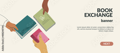 Book exchange landing page template or bookcrossing vector illustration banner. Education and knowledge concept, diverse hands holding volume. Swap literature event, library day, culture festival photo