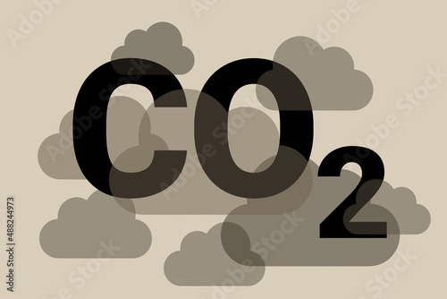 CO2, Carbon Dioxide and greenhouse gas. Air pollution - dirty air is polluted by toxic emission, exhaust and fume. Vector illustration of clouds and text.